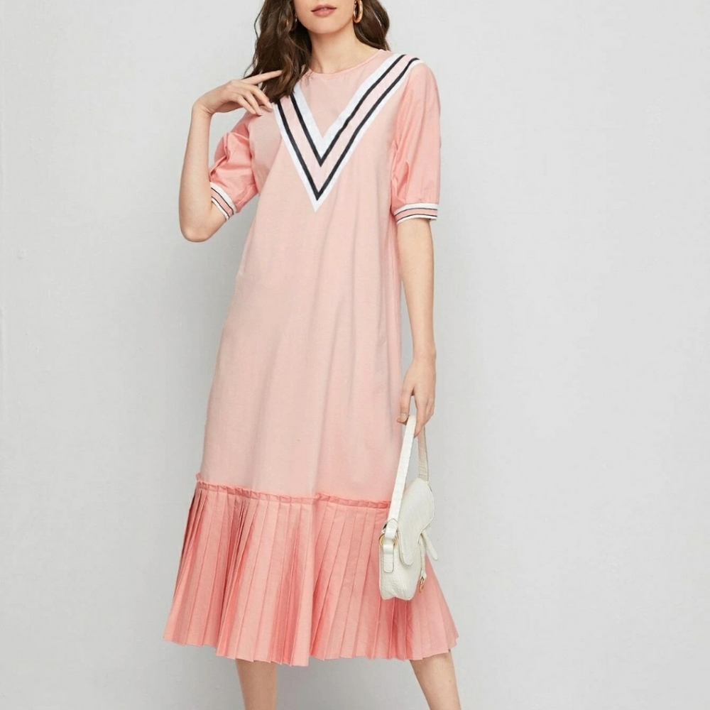Shein Puff Sleeve Pleated Hem Chevron Striped Dress in Coral Pink